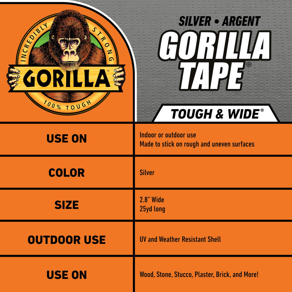 Gorilla Tape Tough & Wide, Silver Tape, 2.88" x 25 yd (Pack of 4) - Heavy Duty and Weather Resistant for Indoor or Outdoor