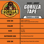 Gorilla Tape Tough & Wide, Silver Tape, 2.88" x 25 yd (Pack of 4) - Heavy Duty and Weather Resistant for Indoor or Outdoor