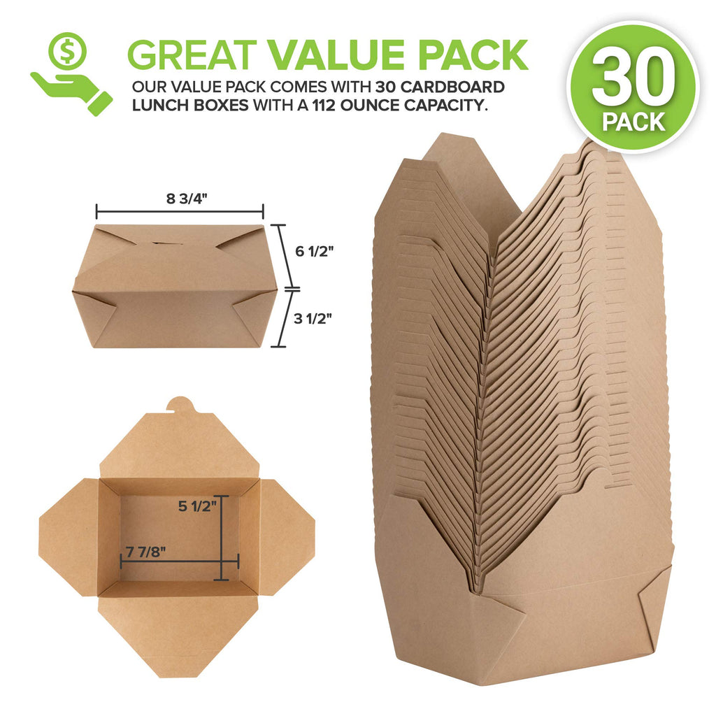 Microwavable Kraft Brown Take Out Boxes 112 oz (30 Pack) Disposable Food Containers - Recyclable Cardboard Lunch Box - Take Out Containers Disposable - to Go Boxes for Restaurants, Delivery, Catering