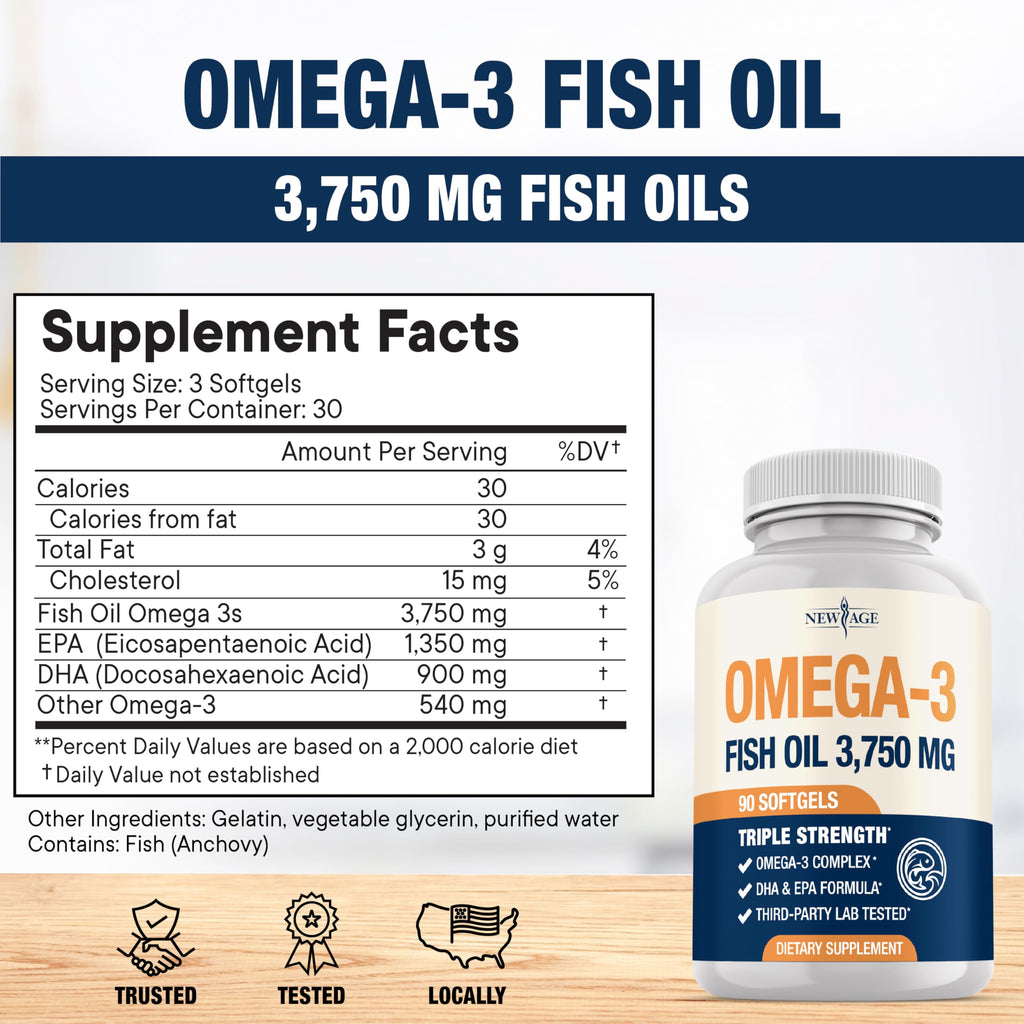 Triple Strength Omega 3 Fish Oil 3750 mg - EPA & DHA - Over 3000mg Omega-3 Fatty Acids - 1350mg EPA + 900mg DHA - Best Essential Fatty Acids, Burpless Fish Oil - 90 Count