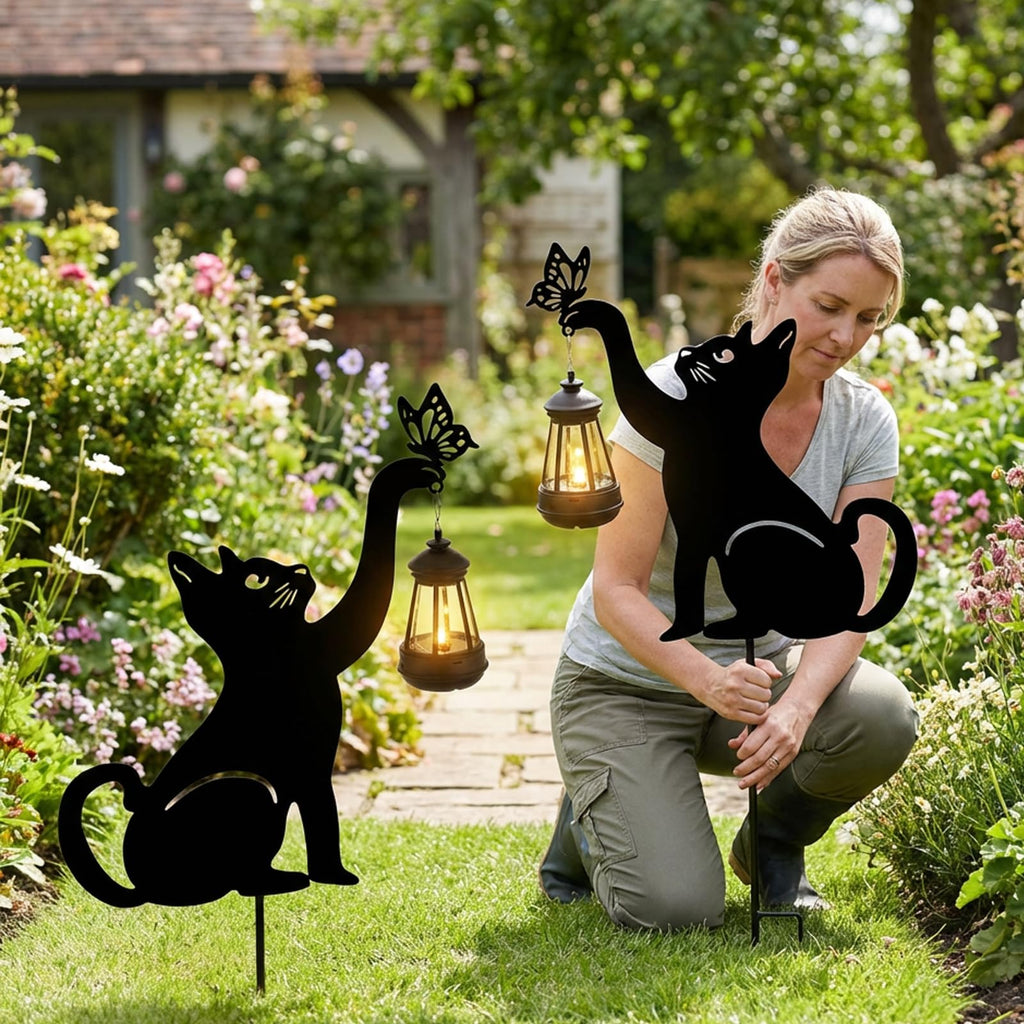 CabyGift Black Cat Solar Lights Outdoor, 2 Pack Cat Garden Decor