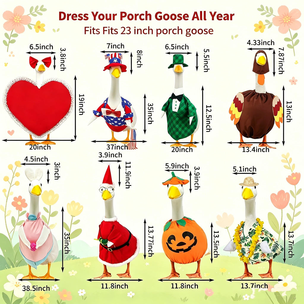8 Set Holiday Porch Goose Outfits All Seasons Holiday Bundle St. Patrick Easter Summer Hawaiian 4th of July Fall Lawn Goose Clothing Porch Goose Clothes for Goose Patio Yard Lawn Decor
