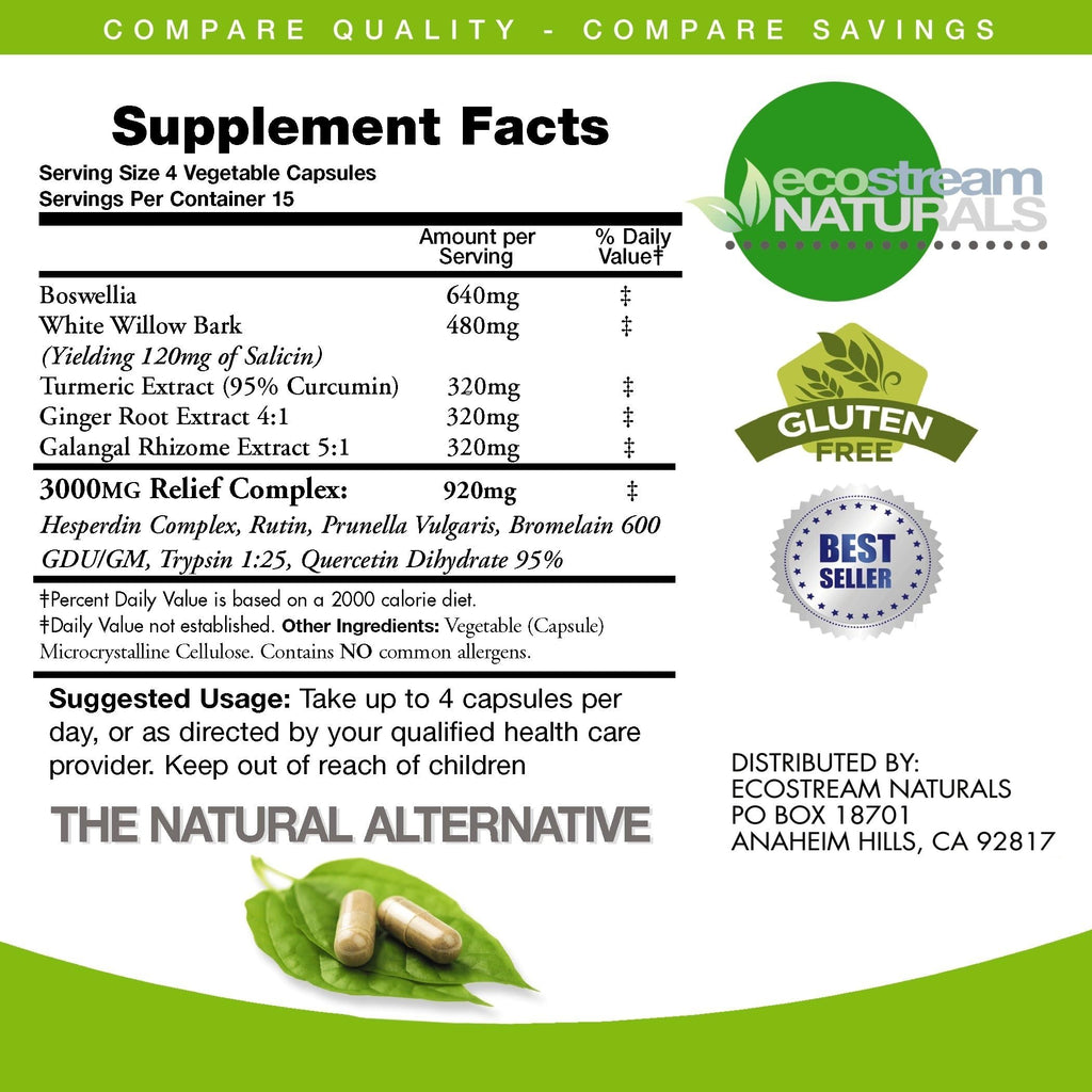 ecostream Naturals Pack of 3 - Natural Advanced InflamEase with Turmeric, Curcumin, Enzymes and Boswellia - Vegetarian (Packaging May Vary)