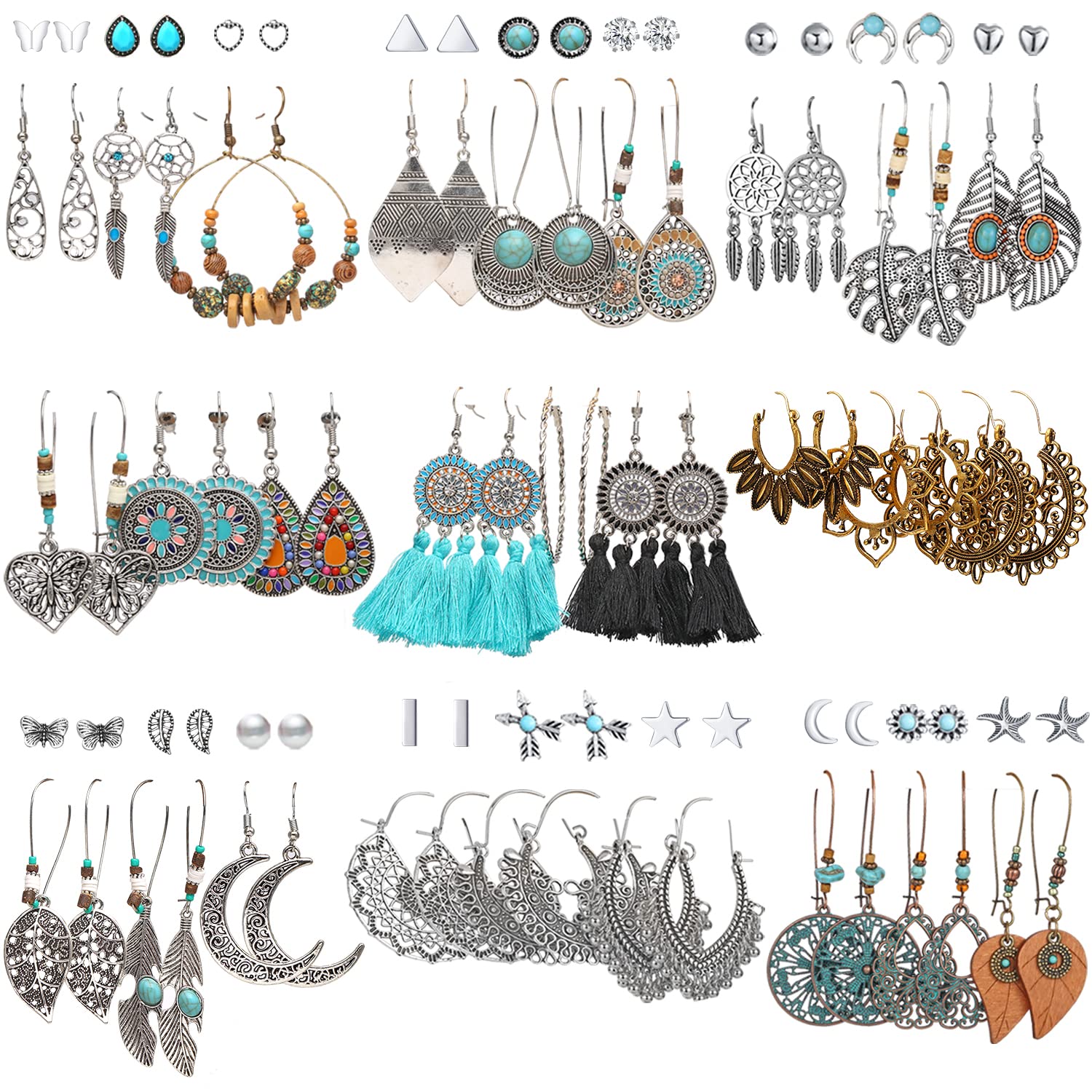 45 Pairs Big Vintage Silver Drop Dangle Earrings Set for Women
