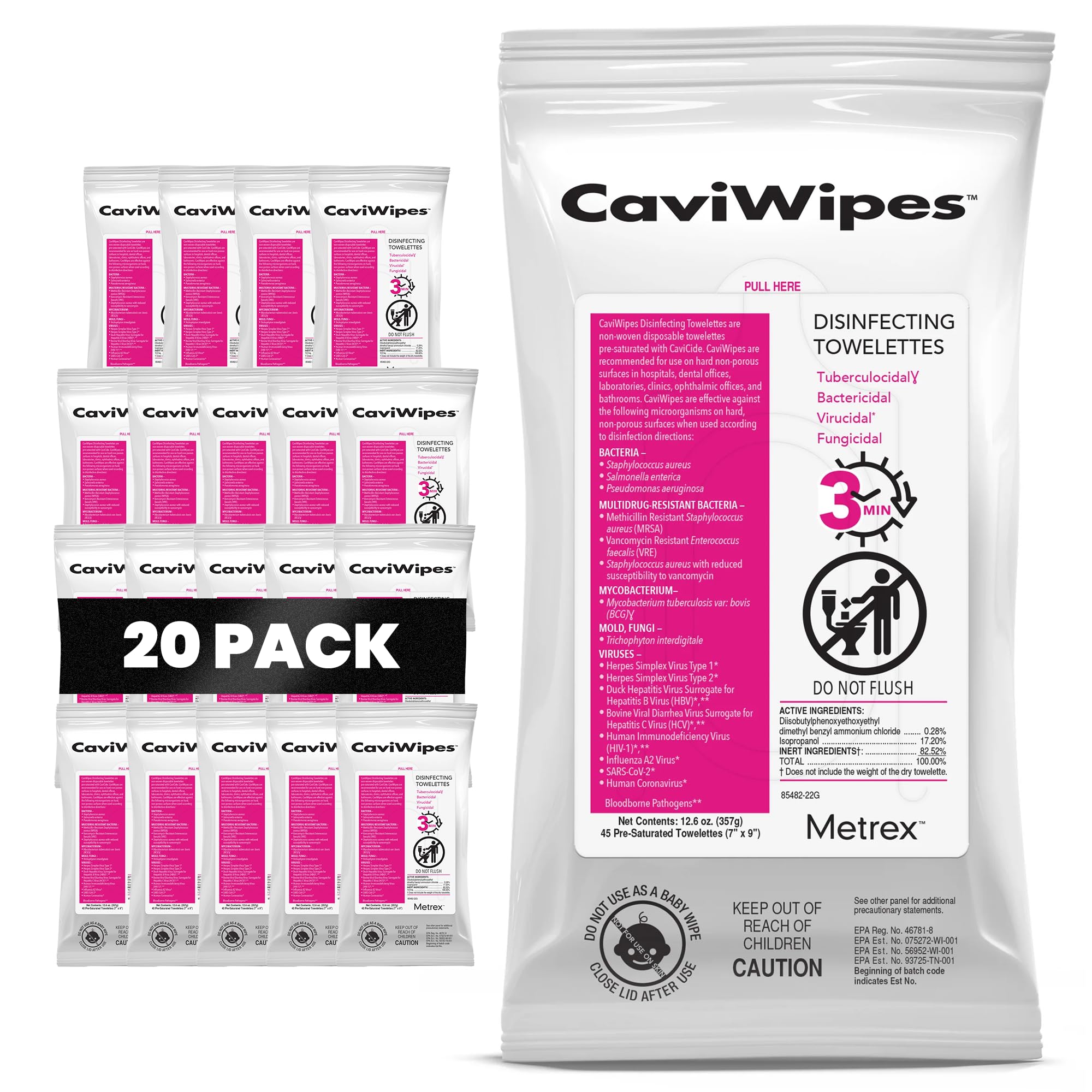 Metrex CaviWipes Disinfecting Towelettes – Durable Non-Woven Disinfecting Wipes for Hard, Non-Porous Surfaces in Healthcare & Laboratory, Pre-Saturated with CaviCide – 45 Wipes/Flat Pack (20 Packs)