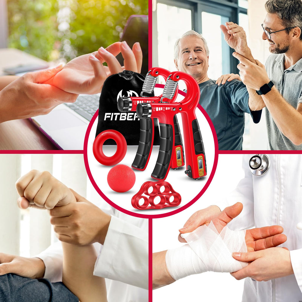 FitBeast Hand Grip Strengthener Workout Kit (5 Pack), 2 Forearm Grip Adjustable Resistance Hand Gripper, Finger Stretcher, Grip Ring & Stress Relief Grip Ball for Athletes, Crimson