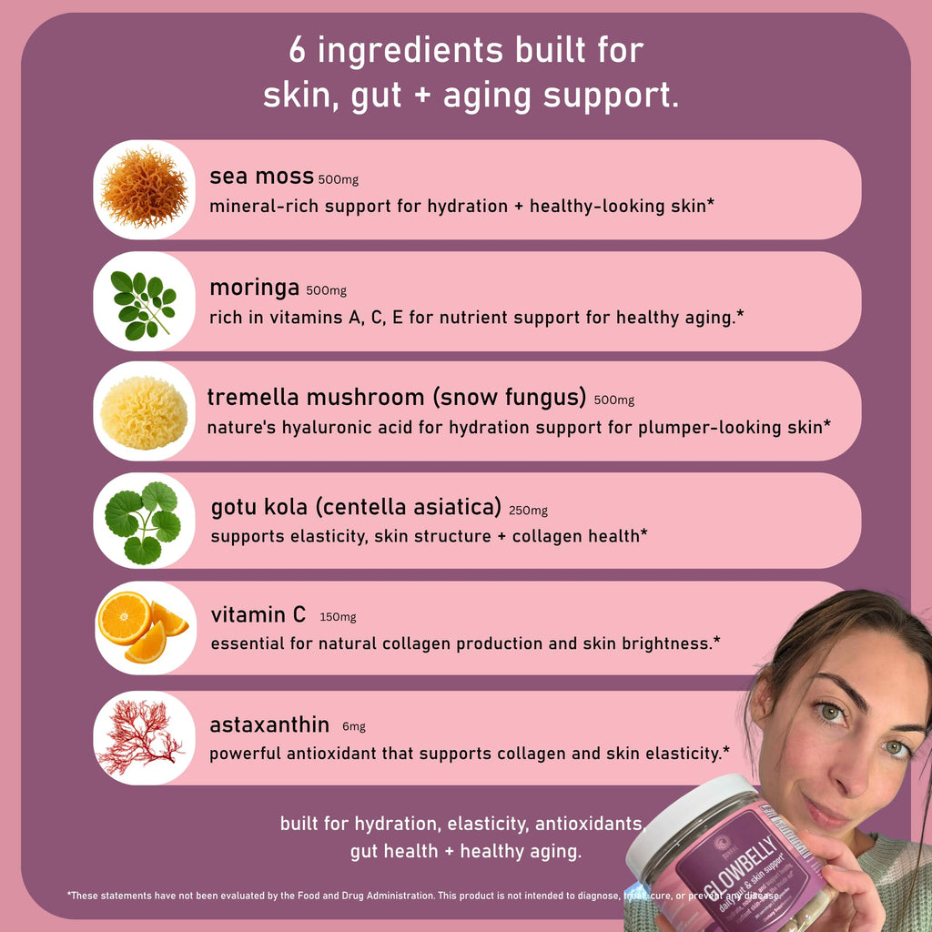 Sunrae Wellness Glowing Skin Supplement with Gotu Kola, Moringa, Sea Moss, Astaxanthin & Tremella Mushroom – for Skin Hydration, Gut Health, Anti-Aging & Radiance – 90 Capsules
