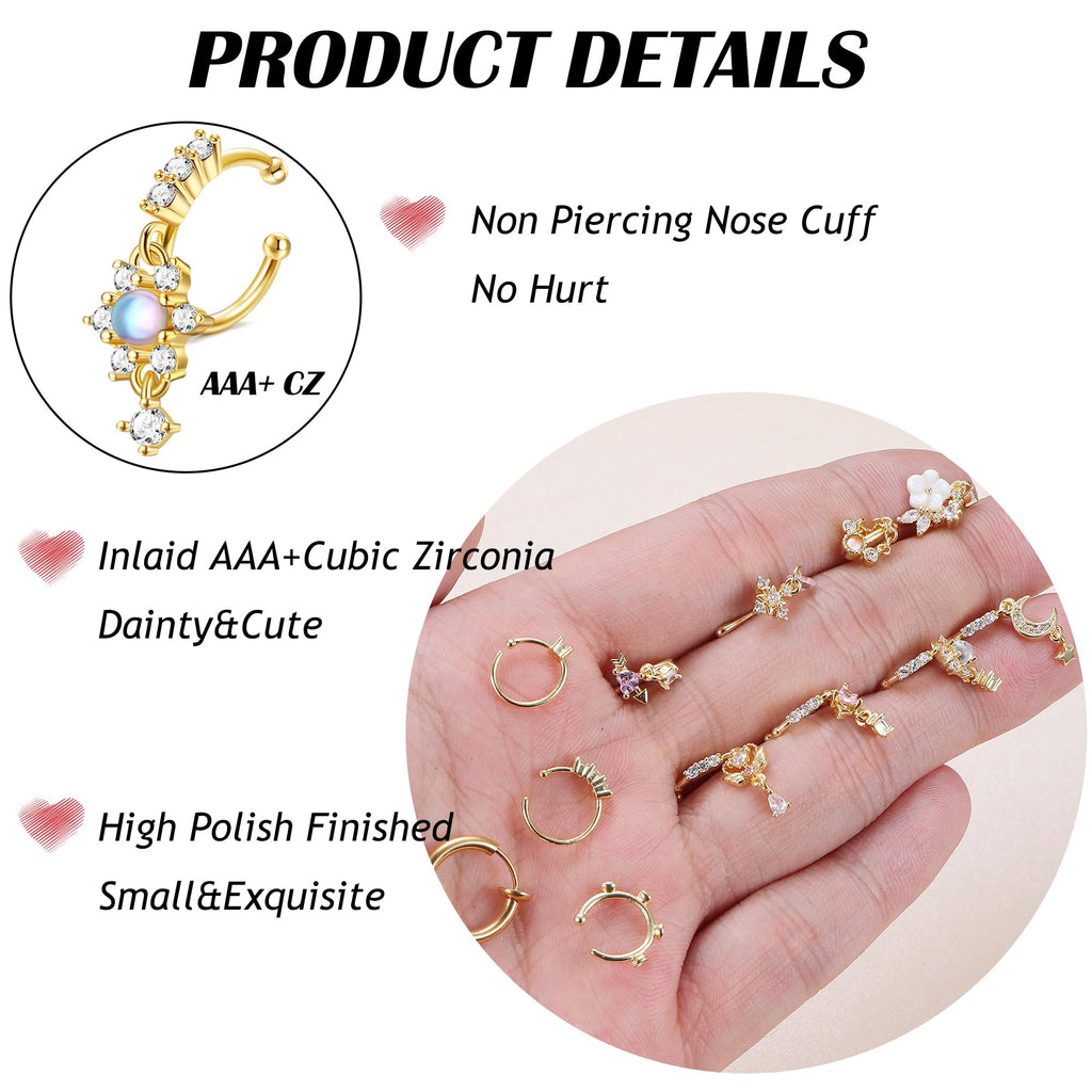 Florideco 12Pcs Nose Cuff Fake Nose Ring Hoop for Women Men Gold