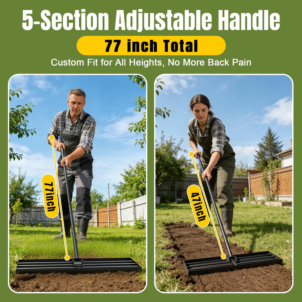 Strifuture Lawn Leveling Rake 30x10 Inch - Adjustable 47-77 Inch Handle, 180° Rotating Head, Heavy-Duty Rust-Resistant Steel for Lawns, Golf Courses, Driveways