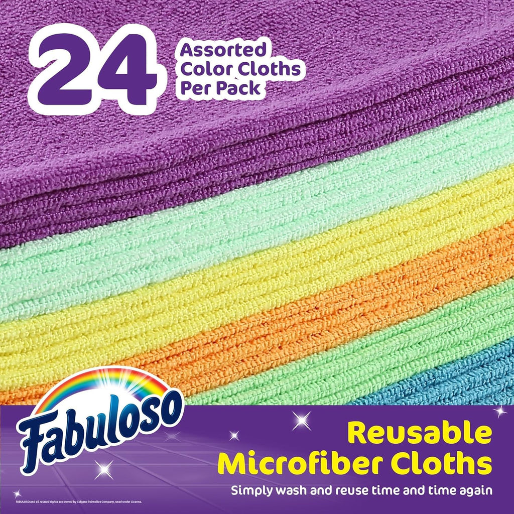 Fabuloso Microfiber Cleaning Cloths for Home & Car, Lint-Free Scratch-Free Rags for Glass, Kitchen & Wood, Reusable Machine Washable, Absorbent for Dusting & Wiping, Rainbow, 13 x 13 in, 24 Ct - 2 Pk
