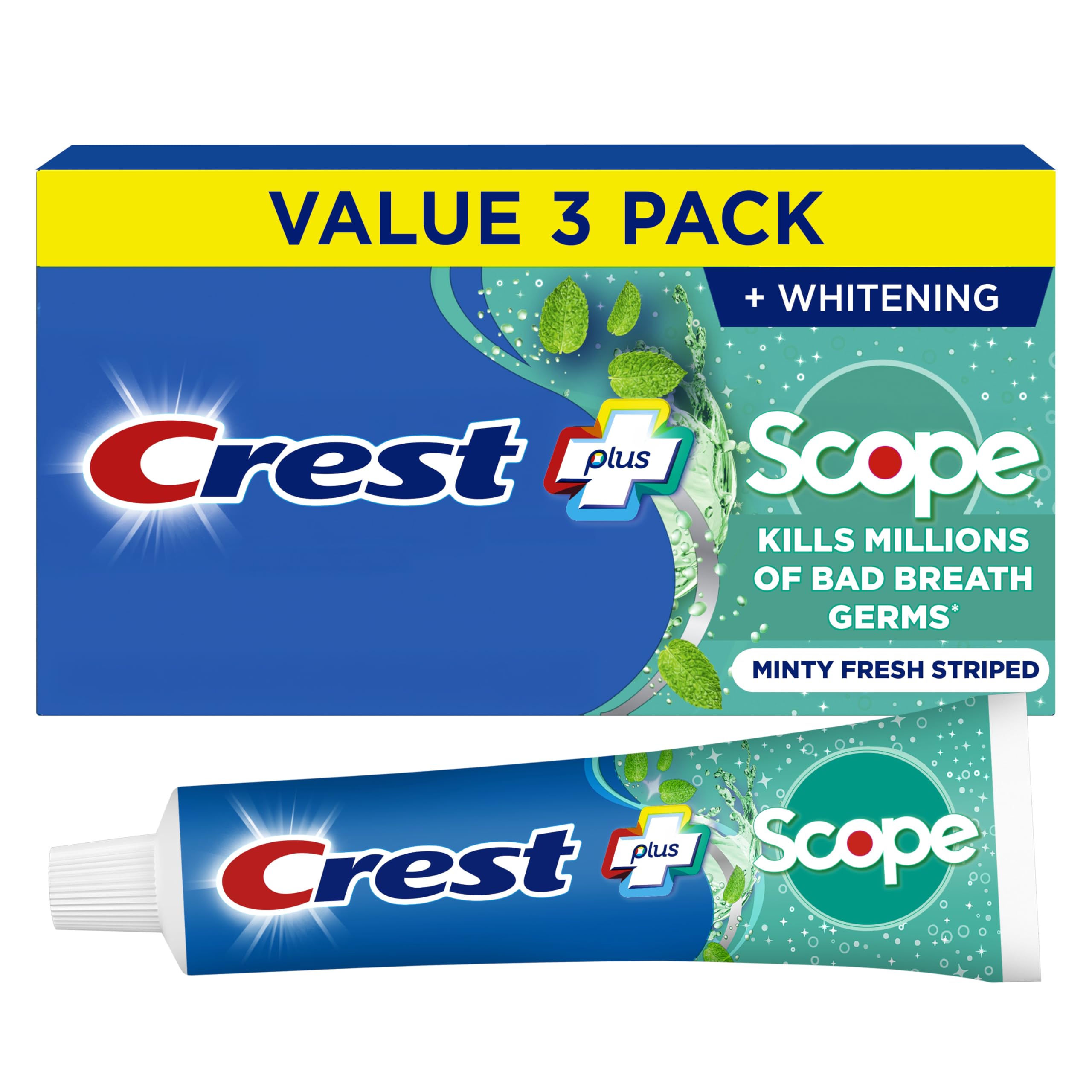 Crest + Scope Whitening Toothpaste - Pack of 3, 5.4 Oz Tubes - Anticavity Fluoride Toothpaste, Fresh Breath, Kills Germs - Tartar Protection, Enamel Protection - Minty Fresh Flavor