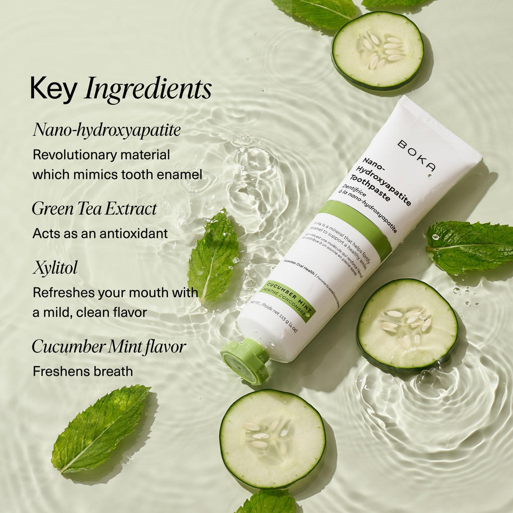 Boka Fluoride Free Toothpaste, Nano Hydroxyapatite Toothpaste, Appropriate for Sensitive Teeth - for Adult, Kids Oral Care - Cucumber Mint Flavor, 4 Fl Oz 3Pk