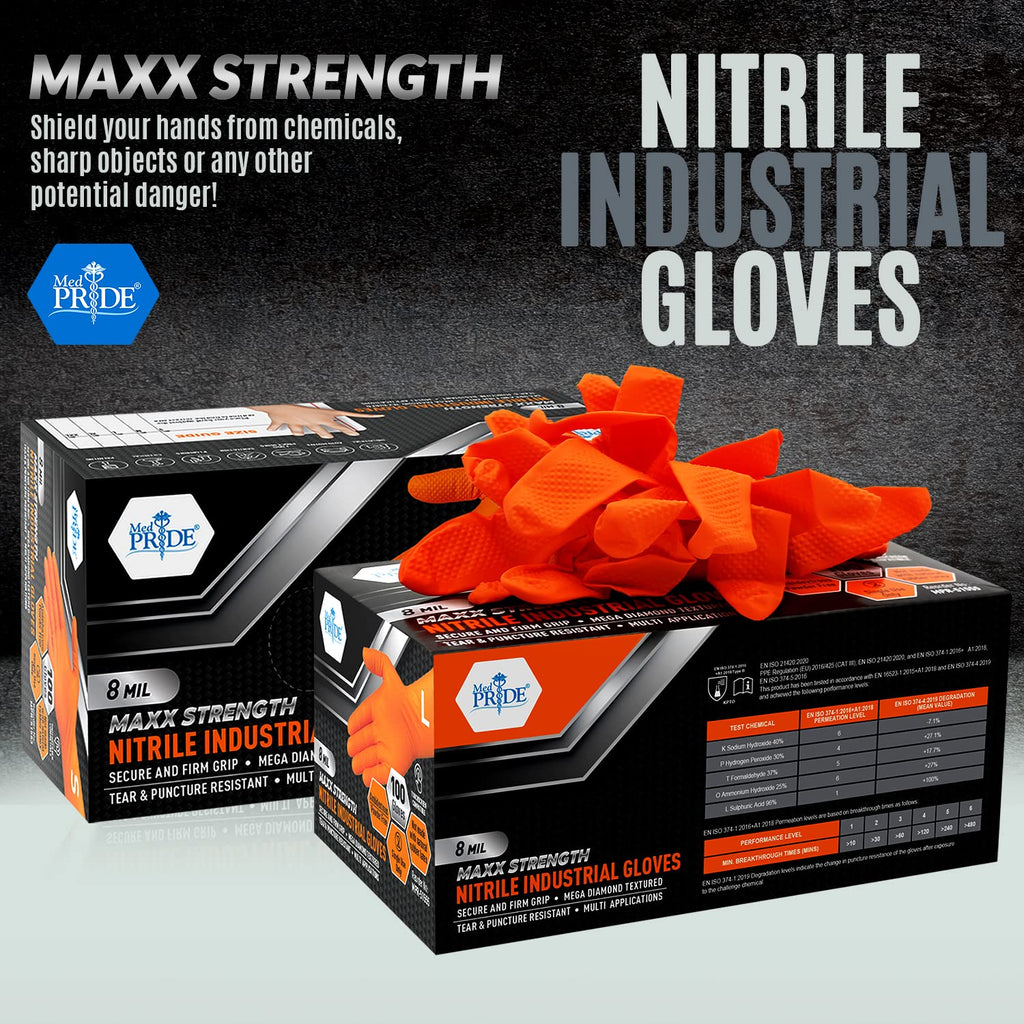 MED PRIDE Maxx Strength Nitrile Industrial 8 Mil Thick 1000 Gloves/Medium - Diamond Texture Disposable Safety- Heavy-Duty, Tear-Resistant Mechanic Automotive Food Handling Gloves- Orange