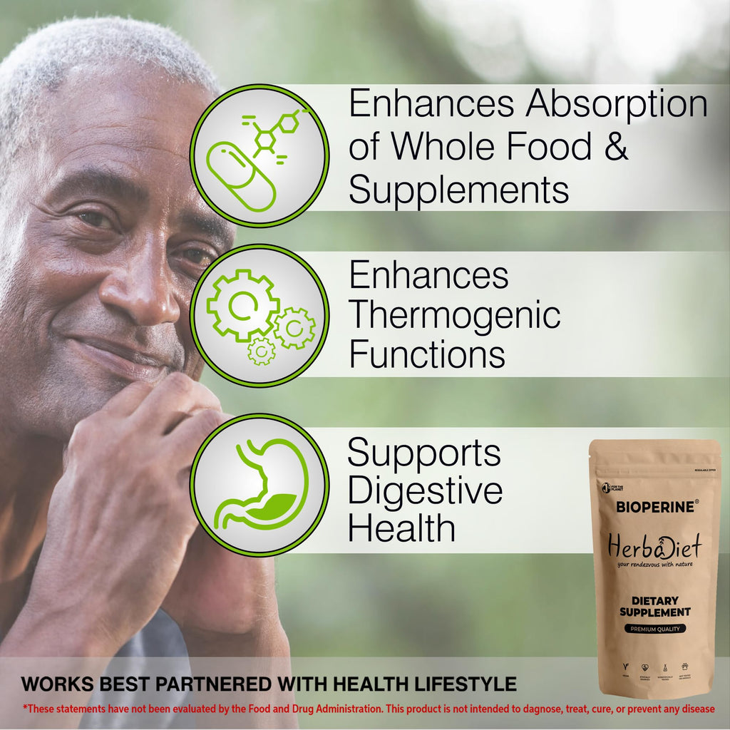 Herbadiet Bioperine Powder | Black Pepper Extract Powder Piperine 95% by HPLC | Bioavailability Enhancer, Boosts Nutrients Uptake | Gluten Free, Non-GMO Bulk Supplement (14 gram/ 0.5 oz)