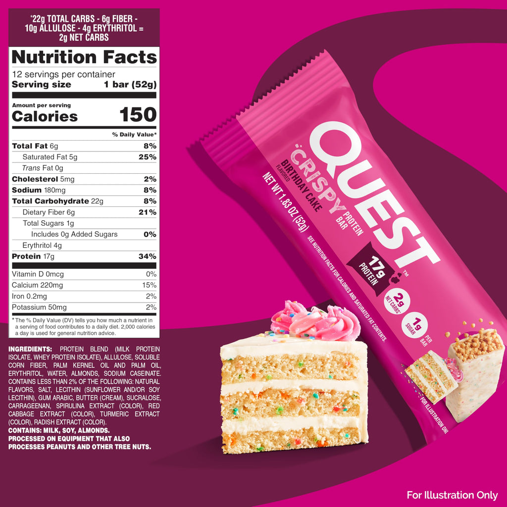 Quest Nutrition Crispy Birthday Cake Protein Bar, 17g Protein, 1g Sugar, 2g Net Carbs, Gluten Free Protein Snack, Keto Friendly, 4 Count
