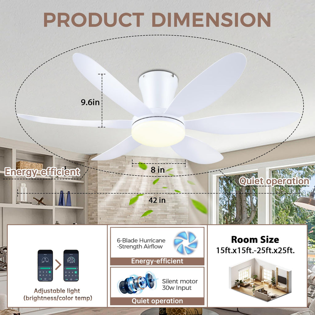 GJeg Ceiling Fans with Lights,42" Low Profile Ceiling Fan with Light and Remote Control,Flush Mount, Reversible, Dimmable, Noiseless, White Ceiling Fan for Bedroom