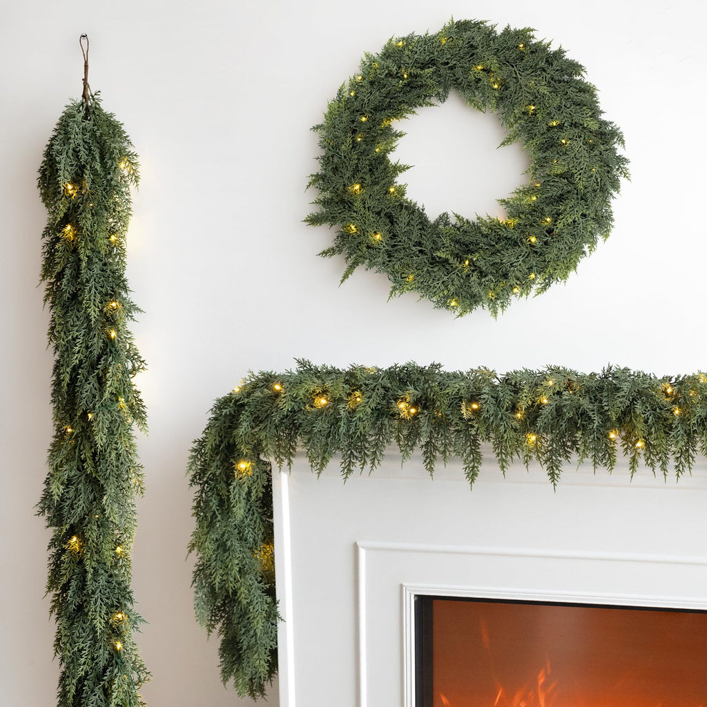 9FT Pre-lit Christmas Garland with Lights Cedar Garland Christmas Decor