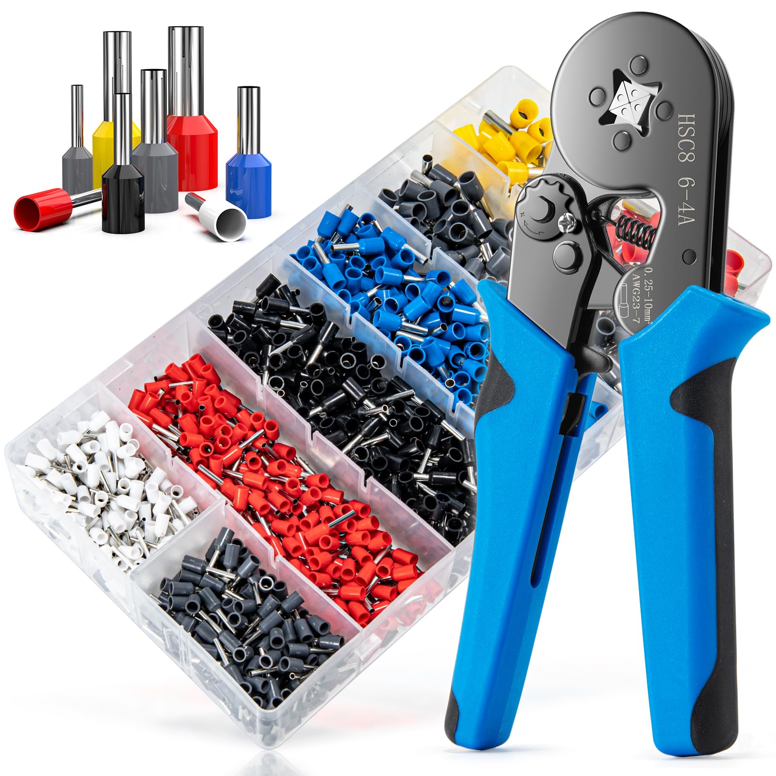 Ferrule Crimping Tool Kit, LUNEY Crimper Plier with 1250PCS Wire Ferrules Kit Wire End Terminals, Self-adjustable Ratchet Tool Set for AWG 23-7 Cable connectors, 0.25-10mm²
