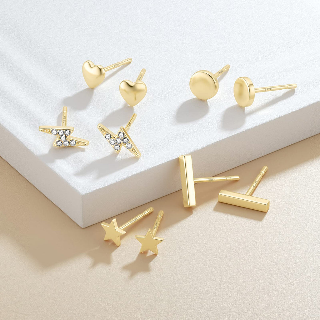 JIAYIQI 2 Pairs 14K Gold Plated Stud Earrings for Women, Minimalist 925 Sterling Silver, Hypoallergenic Small Bar and Dot Ear Studs for Multiple Piercings Jewelry