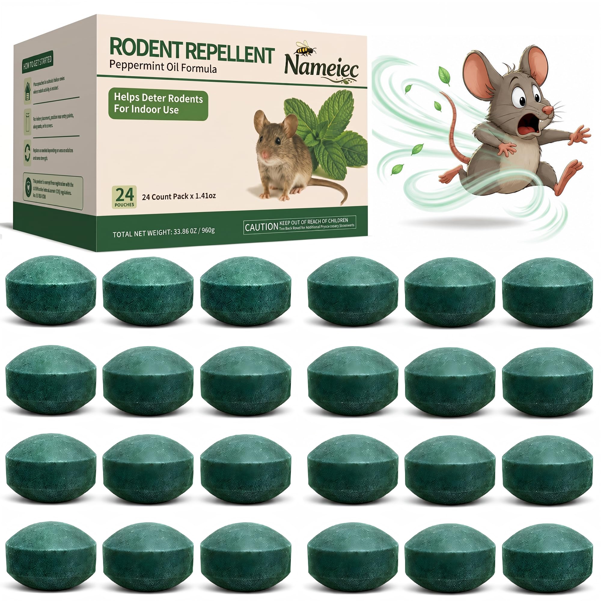 Nameiec Rodent Repellent for Mice & Rats, 1.41 Oz 24pc, Peppermint Oil Repellent for Rat Mice, Ant, Roach, Spider, Squirrel, for House, Garage, Car Engine, RV, Attic, Basement, Indoor & Outdoor Use
