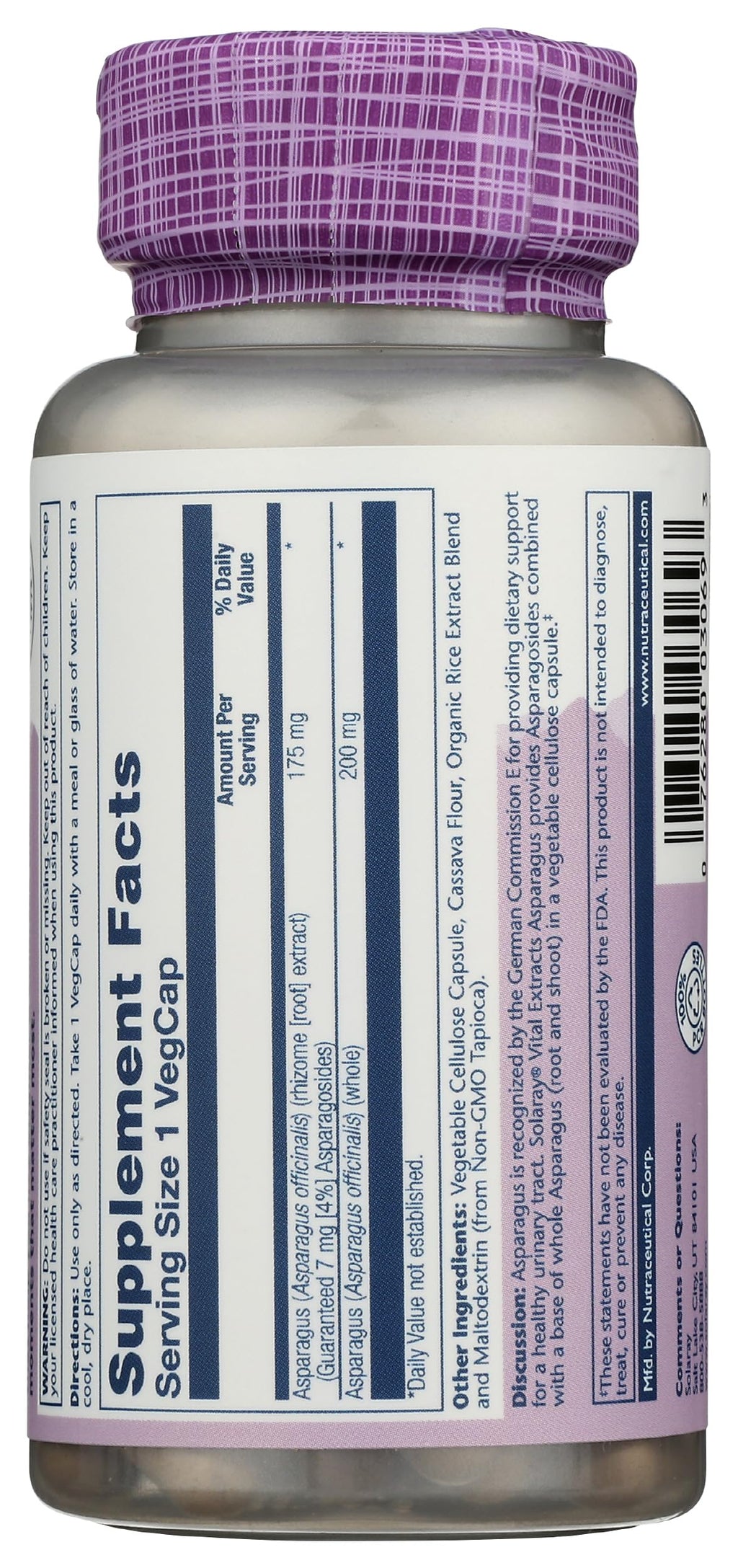SOLARAY Asparagus 175 mg Supplement with Whole Root - Asparagus Extract Capsules for Men & Women, Urinary Tract & Digestive Health Support, Vegan Formula - 60 Veg Caps