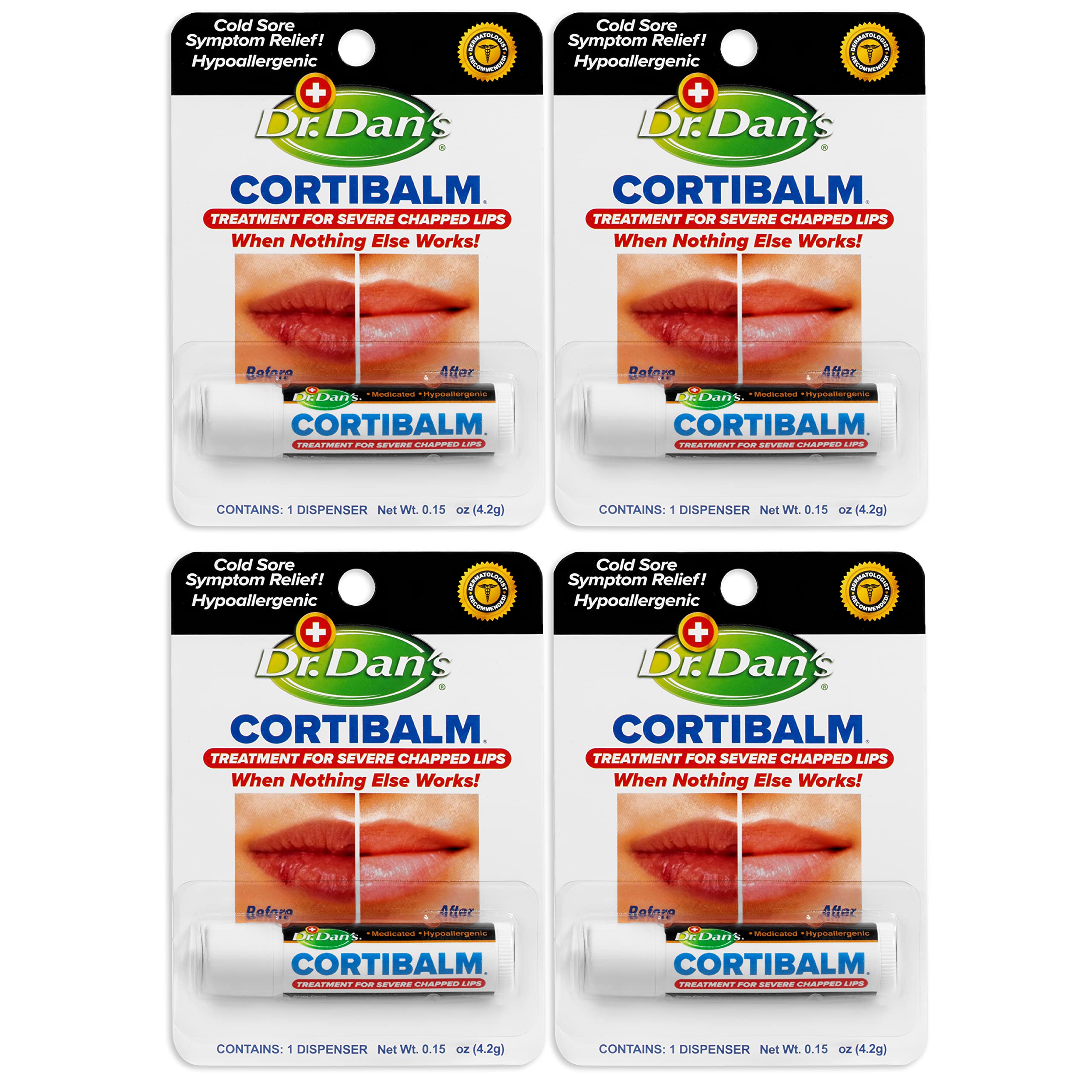 Dr. Dan's Cortibalm- 4 Pack - for Dry Cracked Lips - Healing Lip Balm for Severely Chapped Lips - Designed for Men, Women and Children