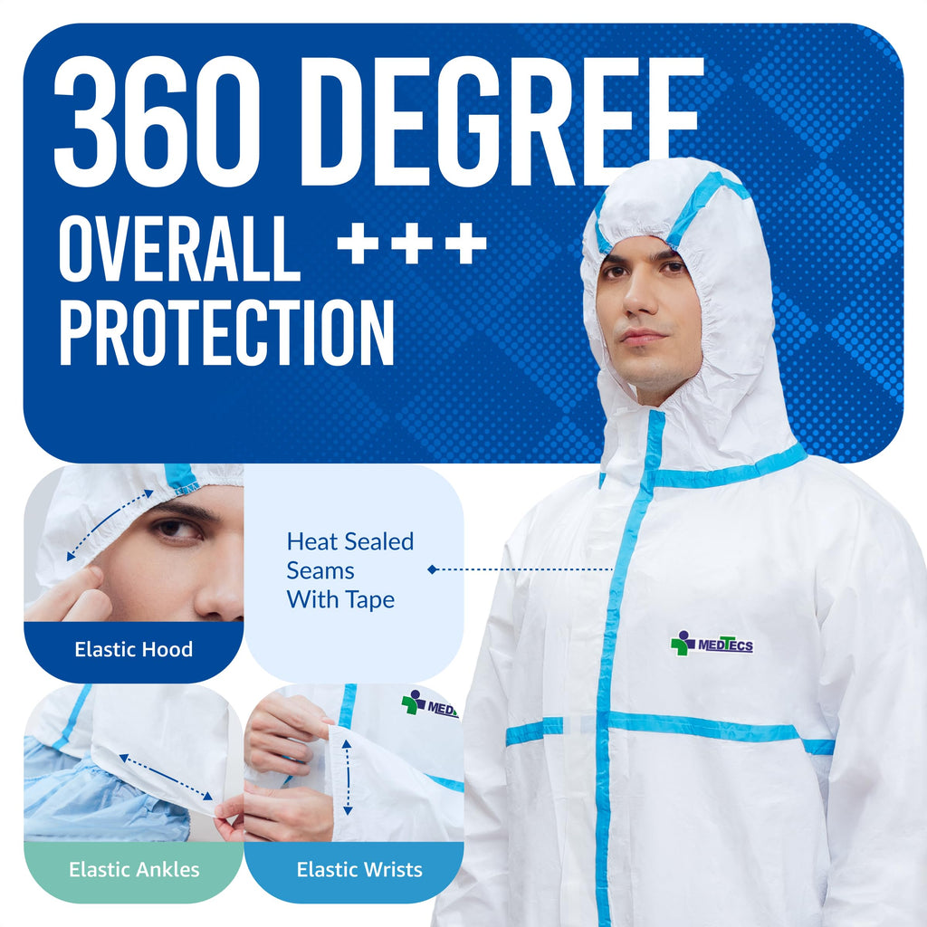 Medtecs Hazmat Suits - 6 Sizes Options (1 PC) - with Sealed Tape - Fabric Passed AAMI Level 4 Disposable Coverall PPE Suit for Biohazard Chemical Protection - Full Body Protective with Hood | L