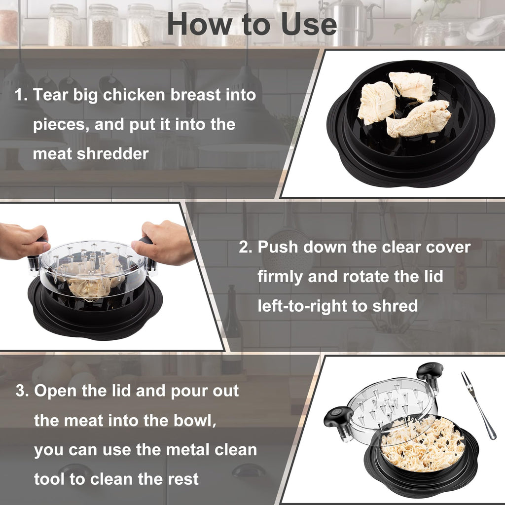 Chicken Shredder Tool Twist Large Meat Shredder with Brush&Fork, Black