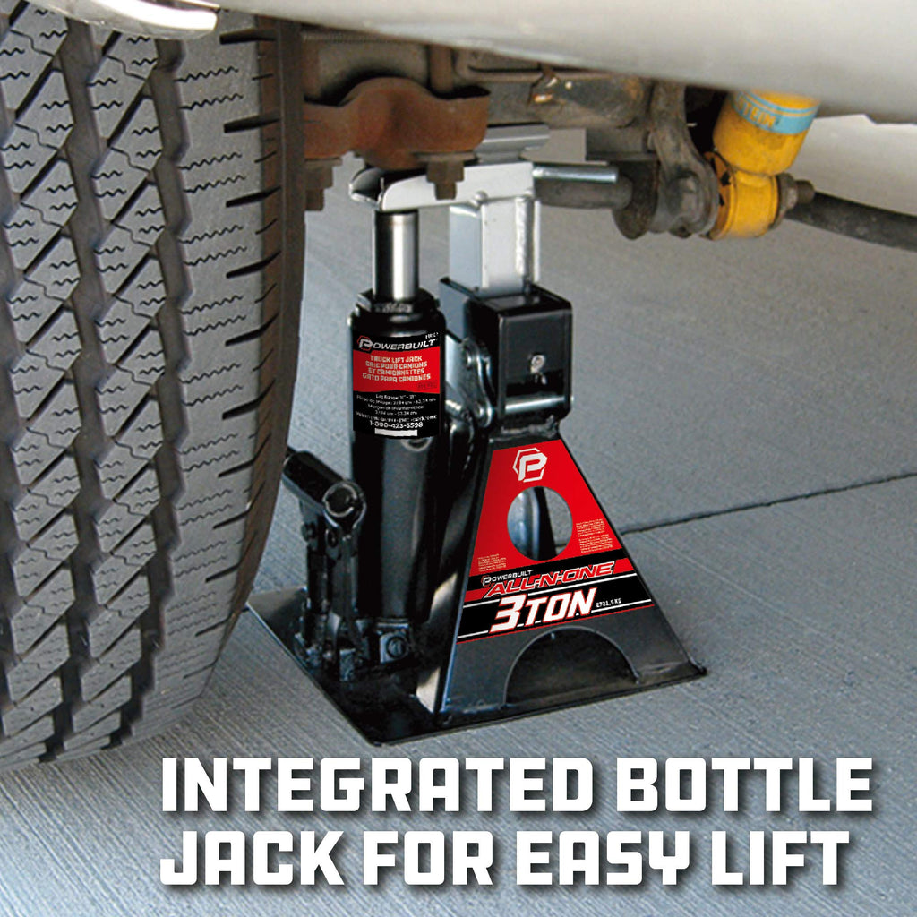 Powerbuilt 3 Ton All-in-One Hydraulic Bottle Jack and Jackstand in One Unit, Compact, Wide Base, 11-21 Inch Range, Eliminates Jackstands, for Unibody, Trucks, SUVs, RVs, Cars, Trailers, ASME - 640912