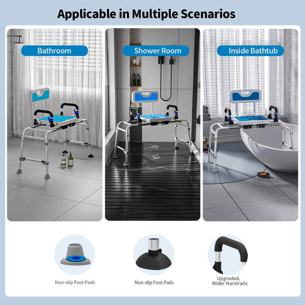 Drseats Sliding Shower Chair with Arms and Back, 500lbs Tub Transfer Benches with Non Slip Aluminum Body and Suction Cups Adjustable Height Bath Seats for Seniros Elderly Disabled or Bariatric Adults