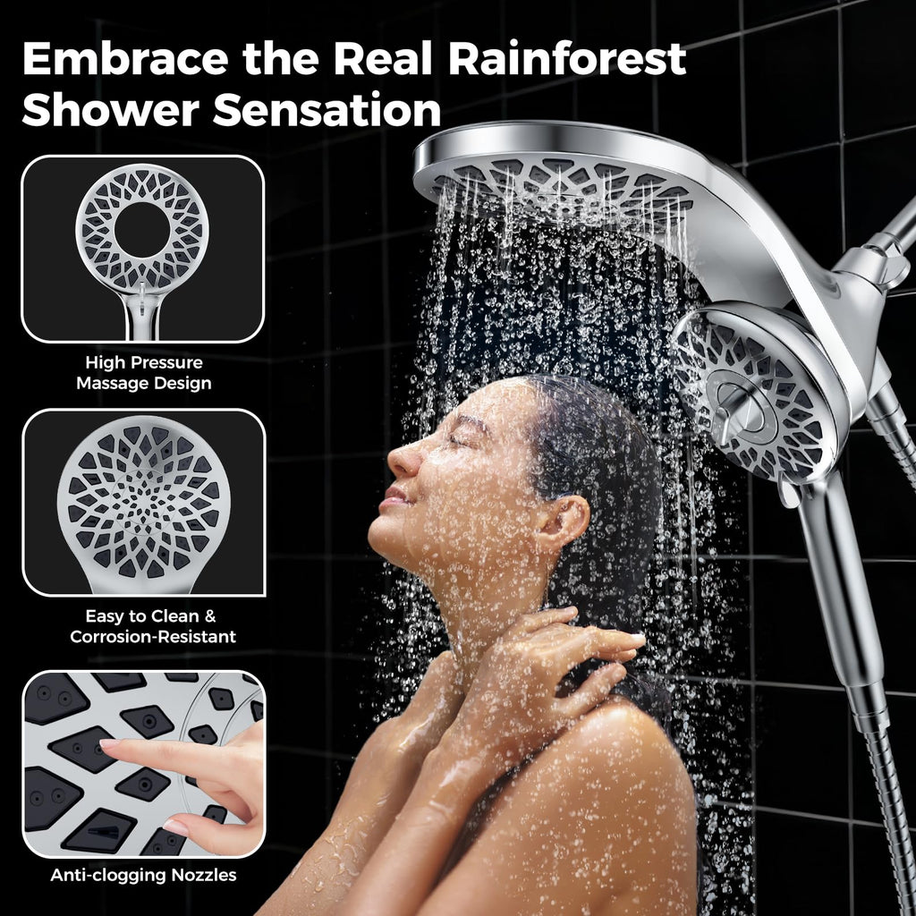 Newfinde High Pressure Rain Shower Head with Handheld Spray Combo: Detachable Dual Shower Head with 10 Sprays Modes - Upgrade Knob Spray Mode Selector and Magnetic Guidance Docking System