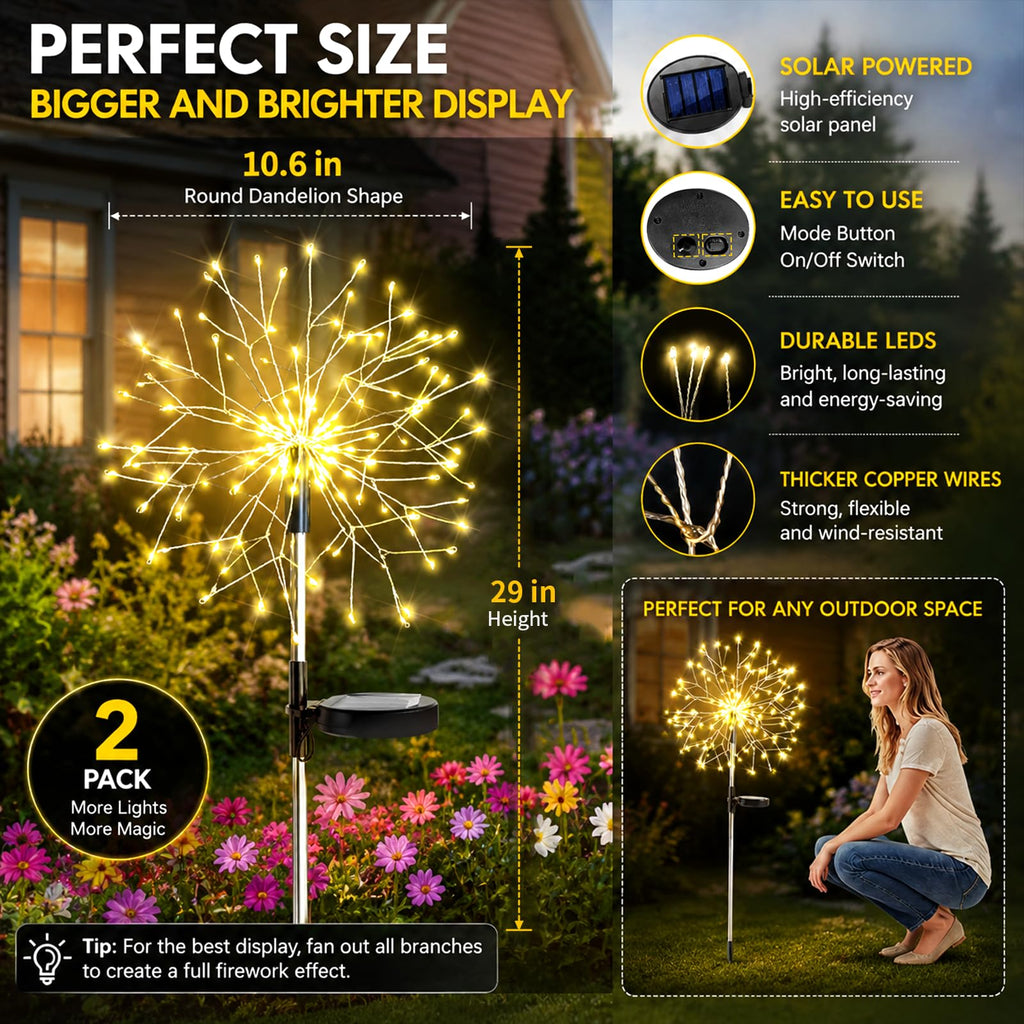 SUDDUS Solar Garden Lights Outdoor 2-Pack 150LED Firework Lights Warm White
