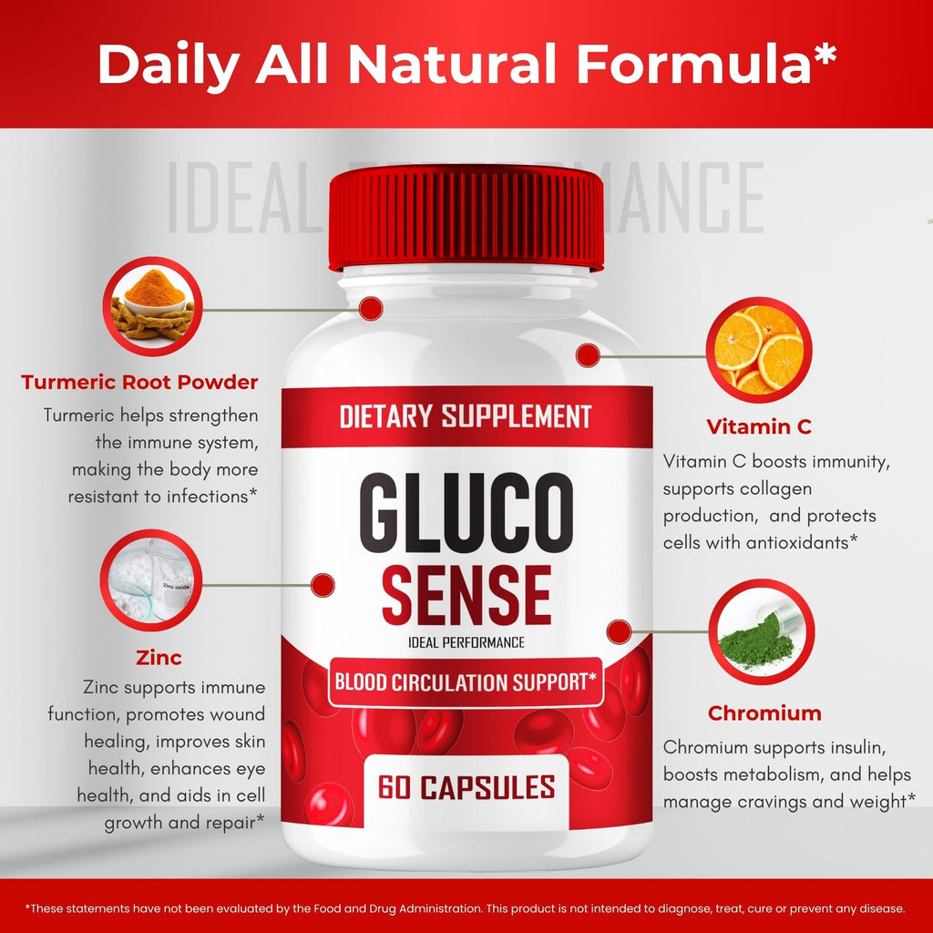 GlucoSense Capsules, Official GlucoSense Pills Advanced Blood Formula Supplement - Maximum Strength, All Natural Healthy Circulation & Stable Levels, Advanced Gluco Sense Health Reviews (3 Pack)