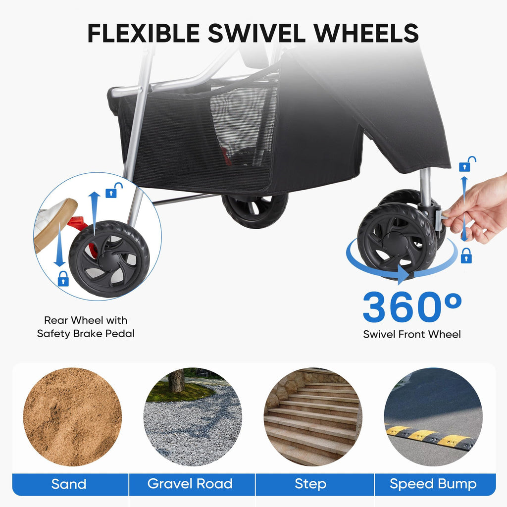 NEWBULIG Pet Stroller for Dogs, Cats Stroller with 3 Wheel, Foldable, Lightweight and Durable, Ideal for Small to Medium Pets, Includes Storage Basket and Cup Holders, Black