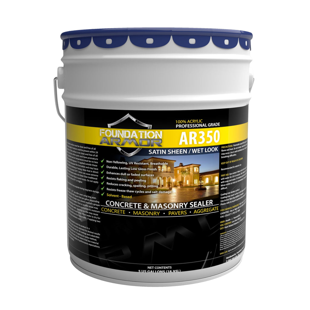 Armor AR350 Low Gloss Wet Look Concrete Sealer 5 Gallon - Professional Grade Color Enhancing Solvent Based Acrylic Sealer for Exterior Concrete and Pavers - 50 VOC