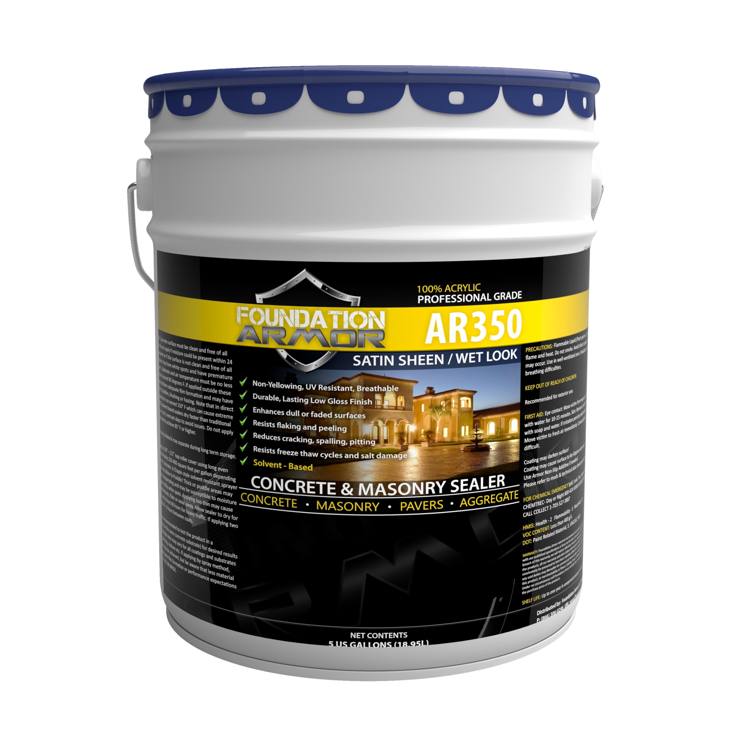 Armor AR350 Low Gloss Wet Look Concrete Sealer 5 Gallon - Professional Grade Color Enhancing Solvent Based Acrylic Sealer for Exterior Concrete and Pavers - 50 VOC