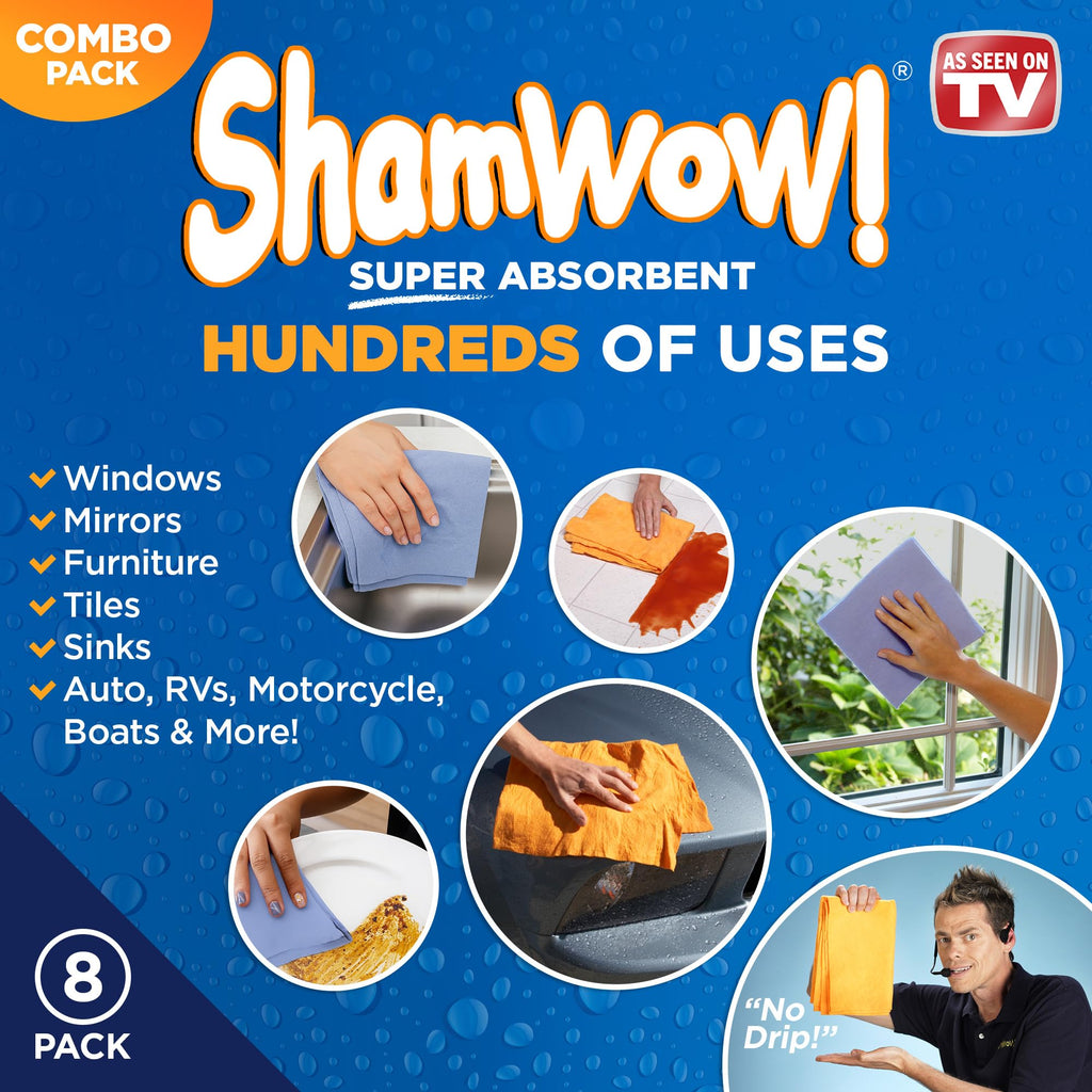 ShamWow Original Super Absorbent Multi-Purpose Cleaning Shammy Chamois Towel Cloth - Holds 10X its Weight in Liquid - Machine Washable - Will Not Scratch (8 Pack: 4 Large Orange & 4 Small Blue).