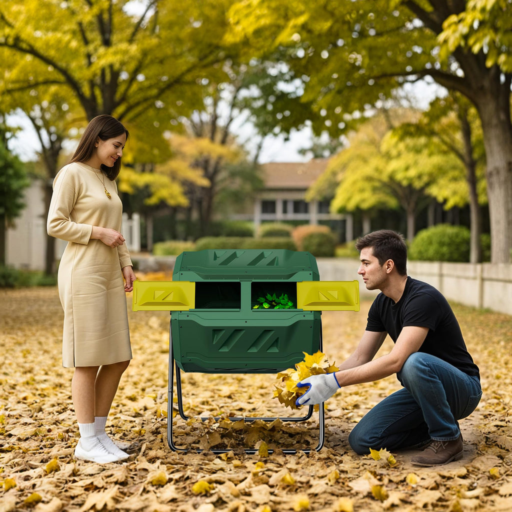 Saicool 43 Gallon Large Dual Chamber Composting Tumbler Outdoor Garden Rotating Compost Bin Tumbling Composter with Sliding Door, Green