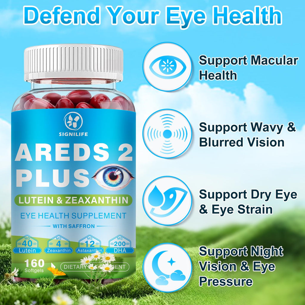 SIGNILIFE AREDS 2 Plus Eye Vitamins-40mg Lutein and 4mg Zeaxanthin with Astaxanthin 12mg,Vitamins C, E, Saffron & DHA - Eyebright,Blue Light Protection,Eye Health Support-160 Softgels