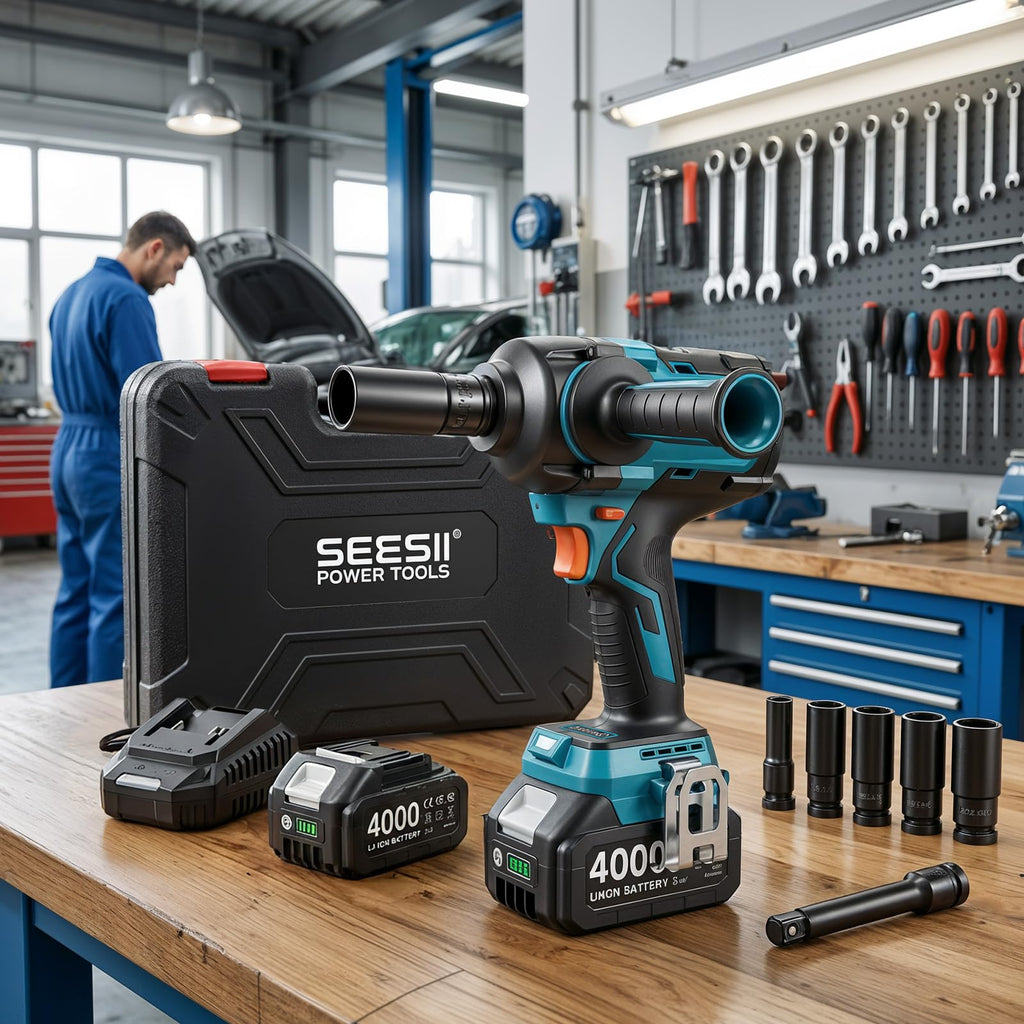 Seesii Upgraded Cordless Impact Wrench 885Ft-lbs (1200N·m): 1/2" Impact Gun with Detachable Side Handle, 21V High Torque Power Impact Driver 2x 4.0Ah Batteries for Family Car/Pickup Truck/Mower