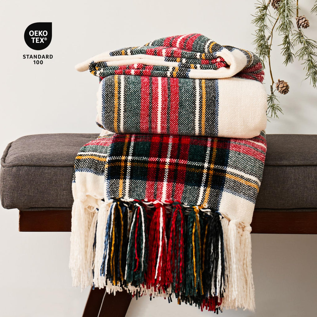 EverGrace Chenille Christmas Throw Blanket, 50"x60", White Stewart Plaid