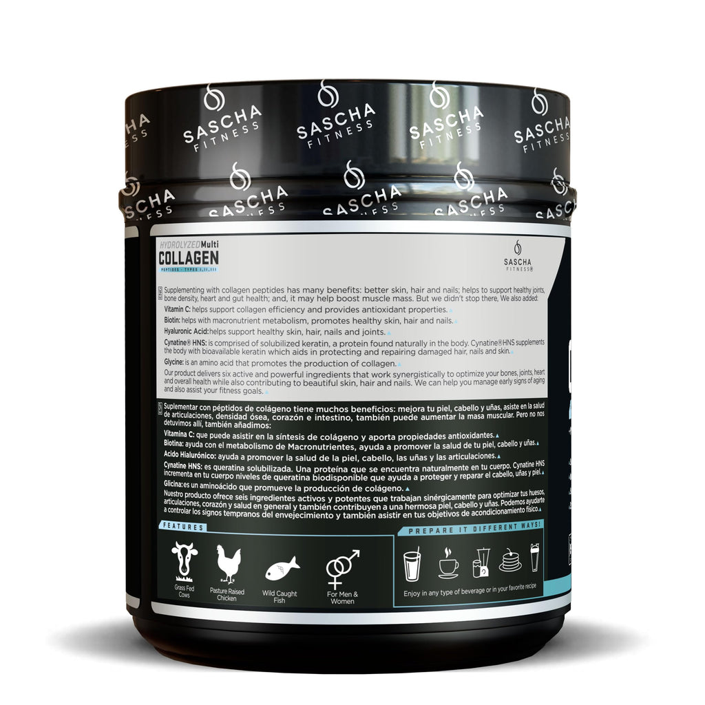 SASCHA FITNESS Hydrolyzed Multi Collagen Peptides Tipes 1,2 & 3 |Hyaluronic Acid|Biotin |Cynatine HSN|Vitamin C & E |for Hairs, Skin & Bone Support| Unflavored