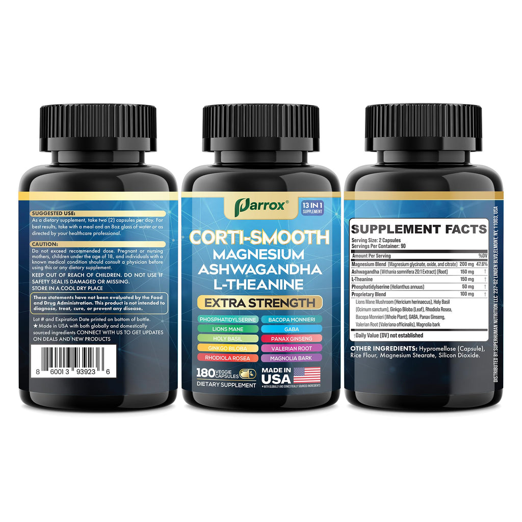 Parrox Corti-Smooth Cortisol Supplement Magnesium, L-Theanine, Ashwagandha, Magnolia Bark, Panax Ginseng, Bacopa Monnieri, GABA, Lions Mane, Ginkgo Biloba, Phosphatidylserine, Valerian Root (180 Caps)
