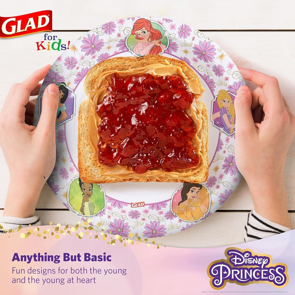 Glad Disney Princess Kids Paper Plates, Heavy Duty Soak Proof Microwavable Cut Resistant Disposable Dinner Snack Plates, 8.5 Inch, 40 Count, 8 Pack Multi-Pack
