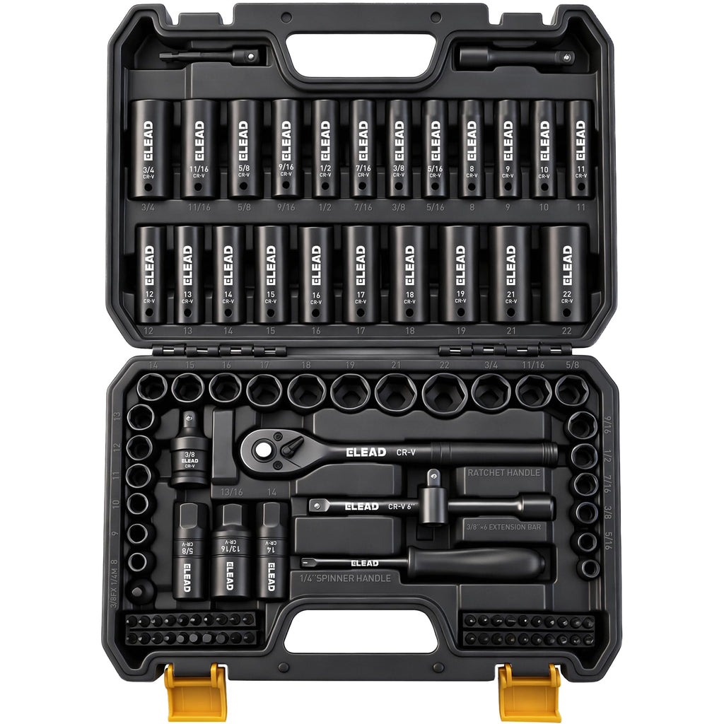 96-Piece 3/8" Drive Impact Socket Set, SAE(5/16 to 3/4-Inch) & Metric(8-22mm), Standard & Deep Sockets, Ratchet Handle, Bit Set, Universal Joint, Extension Bar, Adapters, Spark Plug Sockets