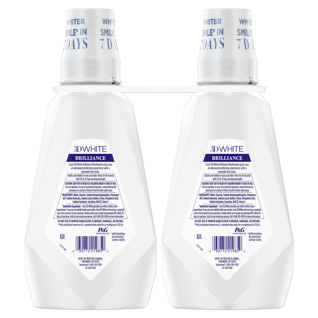 Crest 3D White Mouthwash, Teeth Whitening for Adults, 1L, 2 Pack, Alcohol Free Mouth Rinse, Breath Freshener, Antibacterial, Antiseptic, Bad Breath Treatment, Peroxide Free, Clean Mint