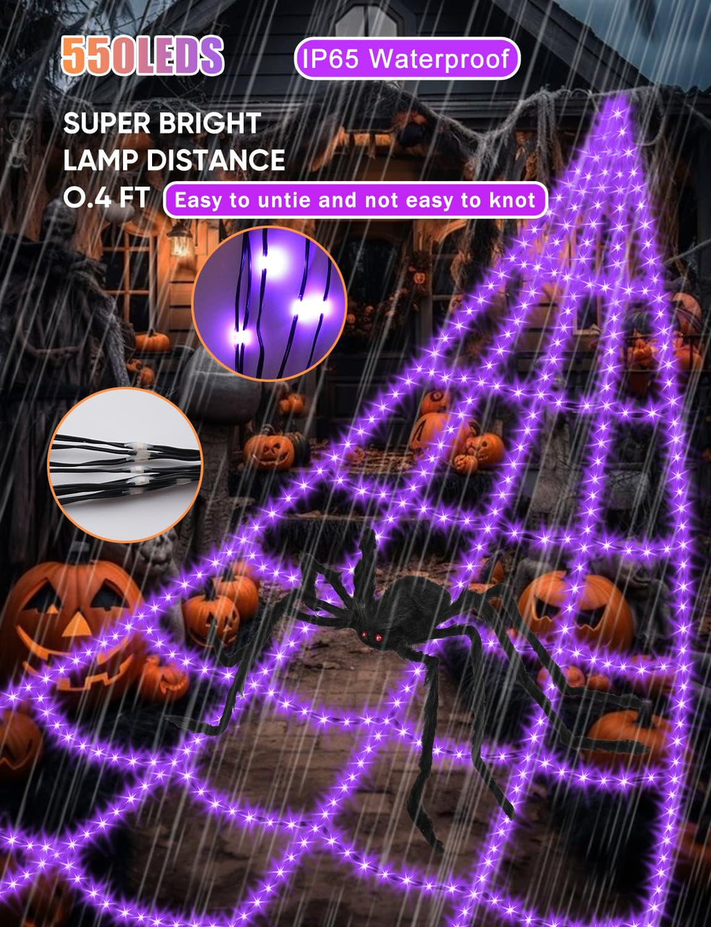 Halloween Decorations Outdoor Spider Web Lights - 16.4Ft Light Up Spider Web with 550 LEDs, Waterproof, 8 Modes Memory Function for Outdoor Yard Halloween Decorations (with Spider)