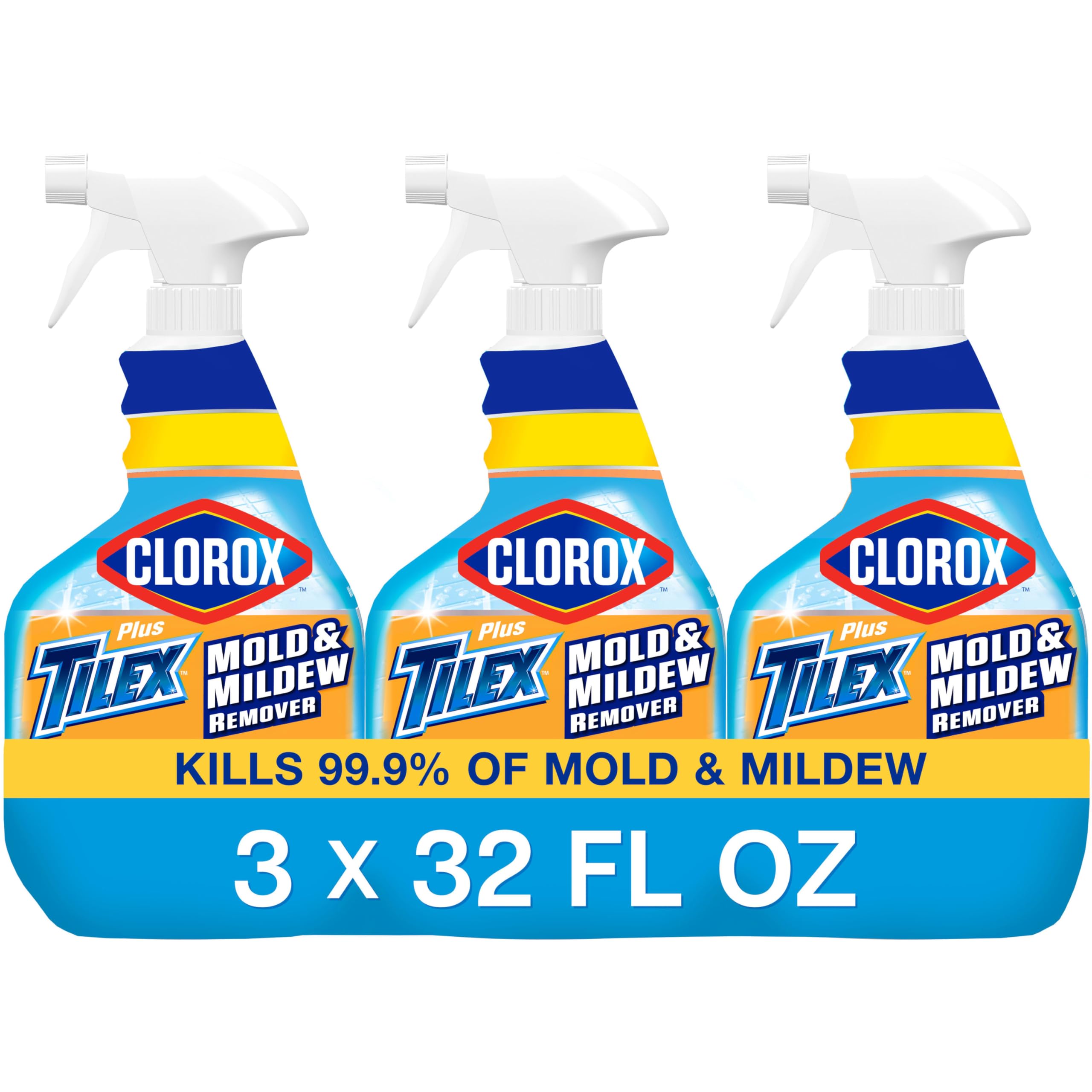 Clorox Plus Tilex Mold and Mildew Remover with Bleach, Spray Bottle, 32 Fluid Ounces, Unscented, Pack of 3