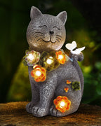 Vuees Solar Garden Statues Outdoor Decor, 6 LED Cat Flowers Butterfly Figurine Lights, Waterproof for Balcony Patio Porch Lawn Yard Ornament Art - Gift Ideas for Housewarming Gardening Grandma Women