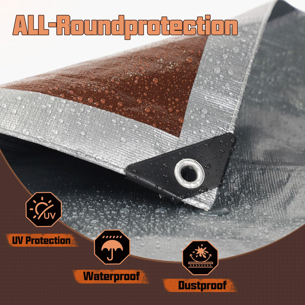 20 x 30 FT Waterproof Heavy Duty Tarp, 10 Mil Thick, Outdoor Furniture Covers, Plastic Insulated Tarpaulin for Camping Tent Roof Boat Patio Pool Cover, Large & Small Multi-Size Tarps, Silver/Brown